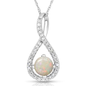 1/2 Carat Round Shape Opal and Halo Diamond Necklace In Sterling Silver With 18 Inch Chain