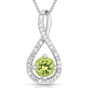 1/2 Carat Round Shape Peridot and Halo Diamond Necklace In Sterling Silver With 18 Inch Chain
