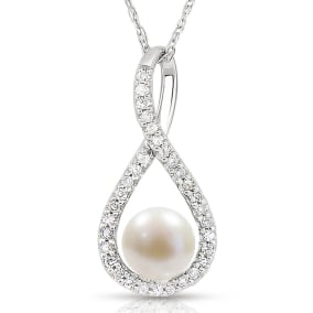 4-4.5MM Pearl and Halo Diamond Necklace In Sterling Silver With 18 Inch Chain