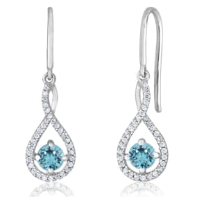 3/4 Carat Round Shape Aquamarine and Halo Diamond Drop Earrings In Sterling Silver 