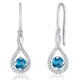 3/4 Carat Round Shape Blue Topaz and Halo Diamond Drop Earrings In Sterling Silver 