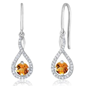 3/4 Carat Round Shape Citrine and Halo Diamond Drop Earrings In Sterling Silver 