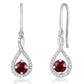 3/4 Carat Round Shape Ruby and Halo Diamond Drop Earrings In Sterling Silver 