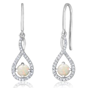 3/4 Carat Round Shape Opal and Halo Diamond Drop Earrings In Sterling Silver 