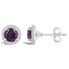 3/4 Carat Round Shape Amethyst and Halo Diamond Stud Earrings In Sterling Silver 