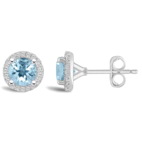 3/4 Carat Round Shape Aquamarine and Halo Diamond Stud Earrings In Sterling Silver 