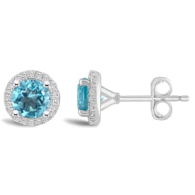 3/4 Carat Round Shape Blue Topaz and Halo Diamond Stud Earrings In Sterling Silver 