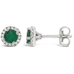3/4 Carat Round Shape Emerald and Halo Diamond Stud Earrings In Sterling Silver 