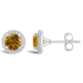 3/4 Carat Round Shape Citrine and Halo Diamond Stud Earrings In Sterling Silver 