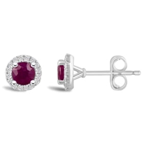 3/4 Carat Round Shape Ruby and Halo Diamond Stud Earrings In Sterling Silver 