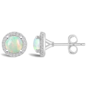 3/4 Carat Round Shape Opal and Halo Diamond Stud Earrings In Sterling Silver 