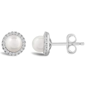 4-4.5MM Pearl and Halo Diamond Stud Earrings In Sterling Silver 