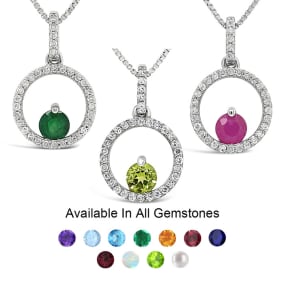 1/2 Carat Round Shape Gemstone and Halo Diamond Necklace In Sterling Silver