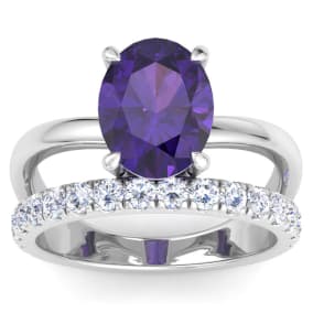 2 3/4 Carat Oval Shape Amethyst and Halo Diamond Ring Plus Band In 14 Karat White Gold