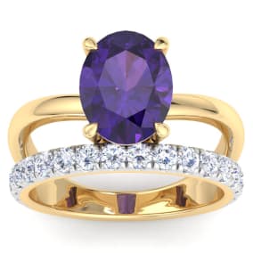 2 3/4 Carat Oval Shape Amethyst and Halo Diamond Ring Plus Band In 14 Karat Yellow Gold