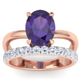 2 3/4 Carat Oval Shape Amethyst and Halo Diamond Ring Plus Band In 14 Karat Rose Gold