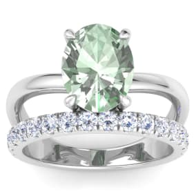 2 3/4 Carat Oval Shape Green Amethyst and Halo Diamond Ring Plus Band In 14 Karat White Gold