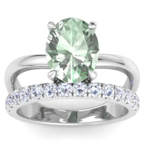 2 3/4 Carat Oval Shape Green Amethyst and Halo Diamond Ring Plus Band In 14 Karat White Gold