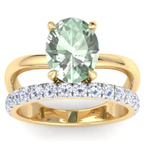 2 3/4 Carat Oval Shape Green Amethyst and Halo Diamond Ring Plus Band In 14 Karat Yellow Gold