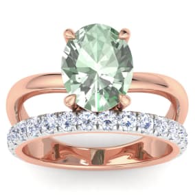 2 3/4 Carat Oval Shape Green Amethyst and Halo Diamond Ring Plus Band In 14 Karat Rose Gold