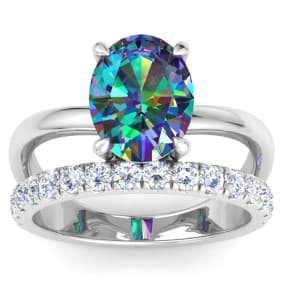 2-3/4 Carat Oval Shape Mystic Topaz Ring Plus Band With Diamond Halo In 14 Karat White Gold