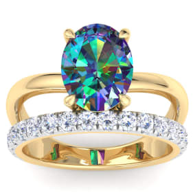 2-3/4 Carat Oval Shape Mystic Topaz Ring Plus Band With Diamond Halo In 14 Karat Yellow Gold