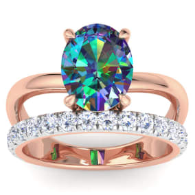 2-3/4 Carat Oval Shape Mystic Topaz Ring Plus Band With Diamond Halo In 14 Karat Rose Gold