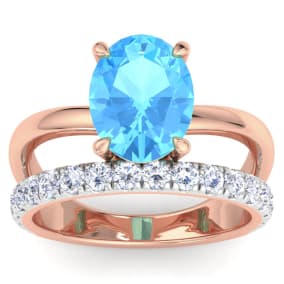 3 3/4 Carat Oval Shape Blue Topaz and Halo Diamond Ring Plus Band In 14 Karat Rose Gold