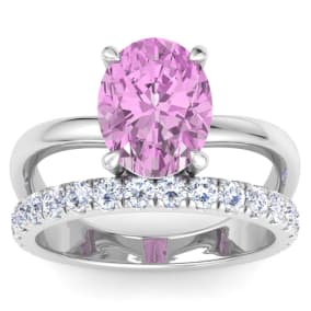 3 3/4 Carat Oval Shape Pink Topaz and Halo Diamond Ring Plus Band In 14 Karat White Gold