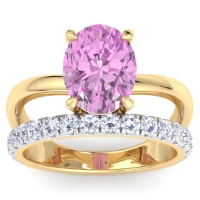 3 3/4 Carat Oval Shape Pink Topaz and Halo Diamond Ring Plus Band In 14 Karat Yellow Gold