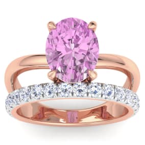 3 3/4 Carat Oval Shape Pink Topaz and Halo Diamond Ring Plus Band In 14 Karat Rose Gold