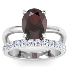 3.60 Carat Oval Shape Garnet and Halo Diamond Ring Plus Band In 14 Karat White Gold