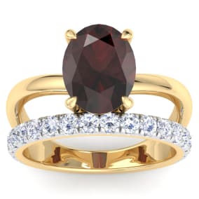 3.60 Carat Oval Shape Garnet and Halo Diamond Ring Plus Band In 14 Karat Yellow Gold