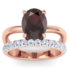 3.60 Carat Oval Shape Garnet and Halo Diamond Ring Plus Band In 14 Karat Rose Gold