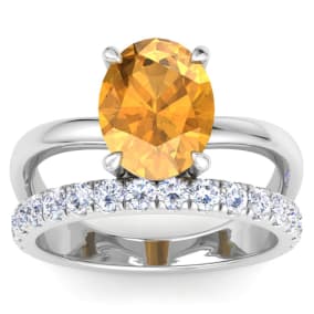 2 3/4 Carat Oval Shape Citrine and Halo Diamond Ring Plus Band In 14 Karat White Gold