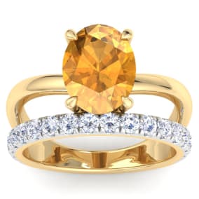 2 3/4 Carat Oval Shape Citrine and Halo Diamond Ring Plus Band In 14 Karat Yellow Gold