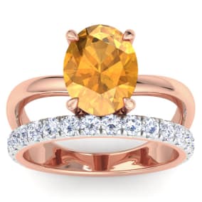 2 3/4 Carat Oval Shape Citrine and Halo Diamond Ring Plus Band In 14 Karat Rose Gold