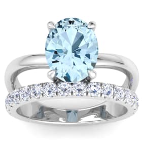 2 3/4 Carat Oval Shape Aquamarine and Halo Diamond Ring Plus Band In 14 Karat White Gold