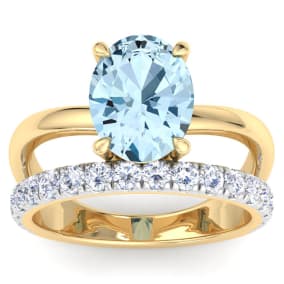 2 3/4 Carat Oval Shape Aquamarine and Halo Diamond Ring Plus Band In 14 Karat Yellow Gold