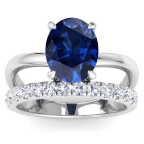 3.60 Carat Oval Shape Sapphire and Halo Diamond Ring Plus Band In 14 Karat White Gold