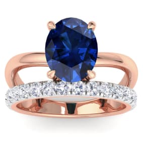 3.60 Carat Oval Shape Sapphire and Halo Diamond Ring Plus Band In 14 Karat Rose Gold