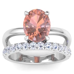 2-3/4 Carat Oval Shape Morganite and Halo Diamond Ring Plus Band In 14 Karat White Gold