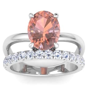 2-3/4 Carat Oval Shape Morganite and Halo Diamond Ring Plus Band In 14 Karat White Gold