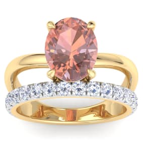 2-3/4 Carat Oval Shape Morganite and Halo Diamond Ring Plus Band In 14 Karat Yellow Gold