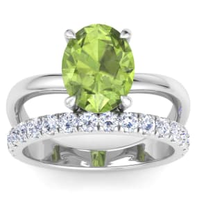 3 Carat Oval Shape Peridot and Halo Diamond Ring Plus Band In 14 Karat White Gold