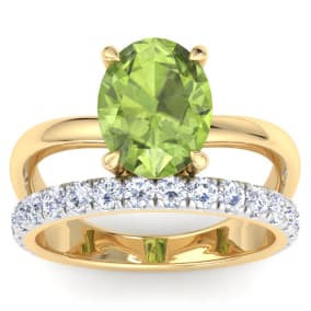 3 Carat Oval Shape Peridot and Halo Diamond Ring Plus Band In 14 Karat Yellow Gold