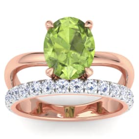 3 Carat Oval Shape Peridot and Halo Diamond Ring Plus Band In 14 Karat Rose Gold