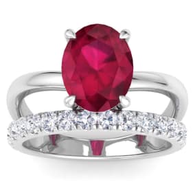 3.60 Carat Oval Shape Ruby and Halo Diamond Ring Plus Band In 14 Karat White Gold