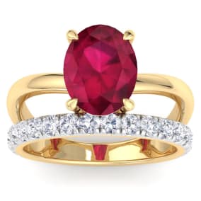 3.60 Carat Oval Shape Ruby and Halo Diamond Ring Plus Band In 14 Karat Yellow Gold