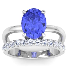 3 Carat Oval Shape Tanzanite and Halo Diamond Ring Plus Band In 14 Karat White Gold